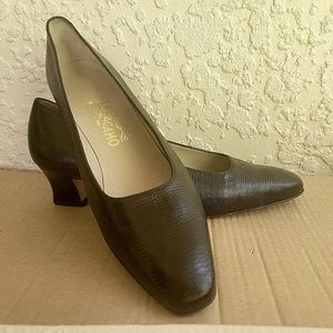 Salvatore Ferragamo Pattern Leather Black Pumps - Size 10